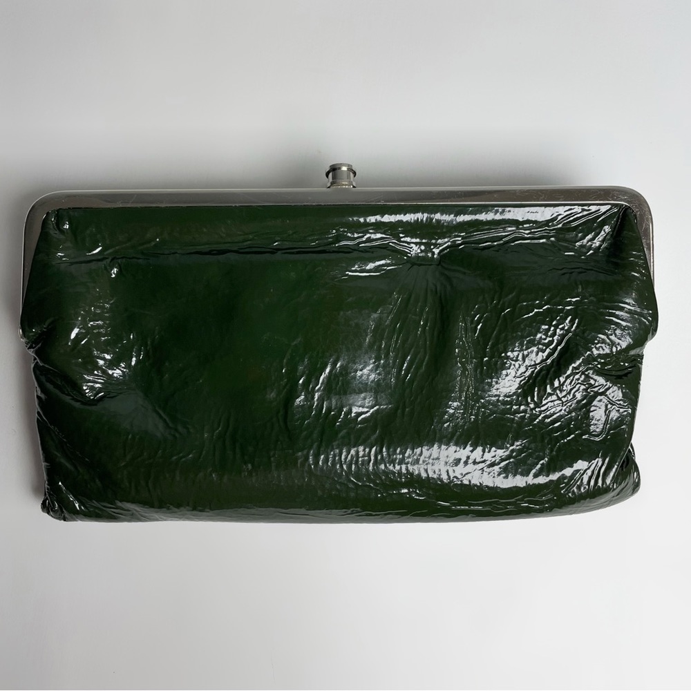 HOBO Lauren Clutch Wallet Dark Green Patent Leather Shiny Silver Double Framed